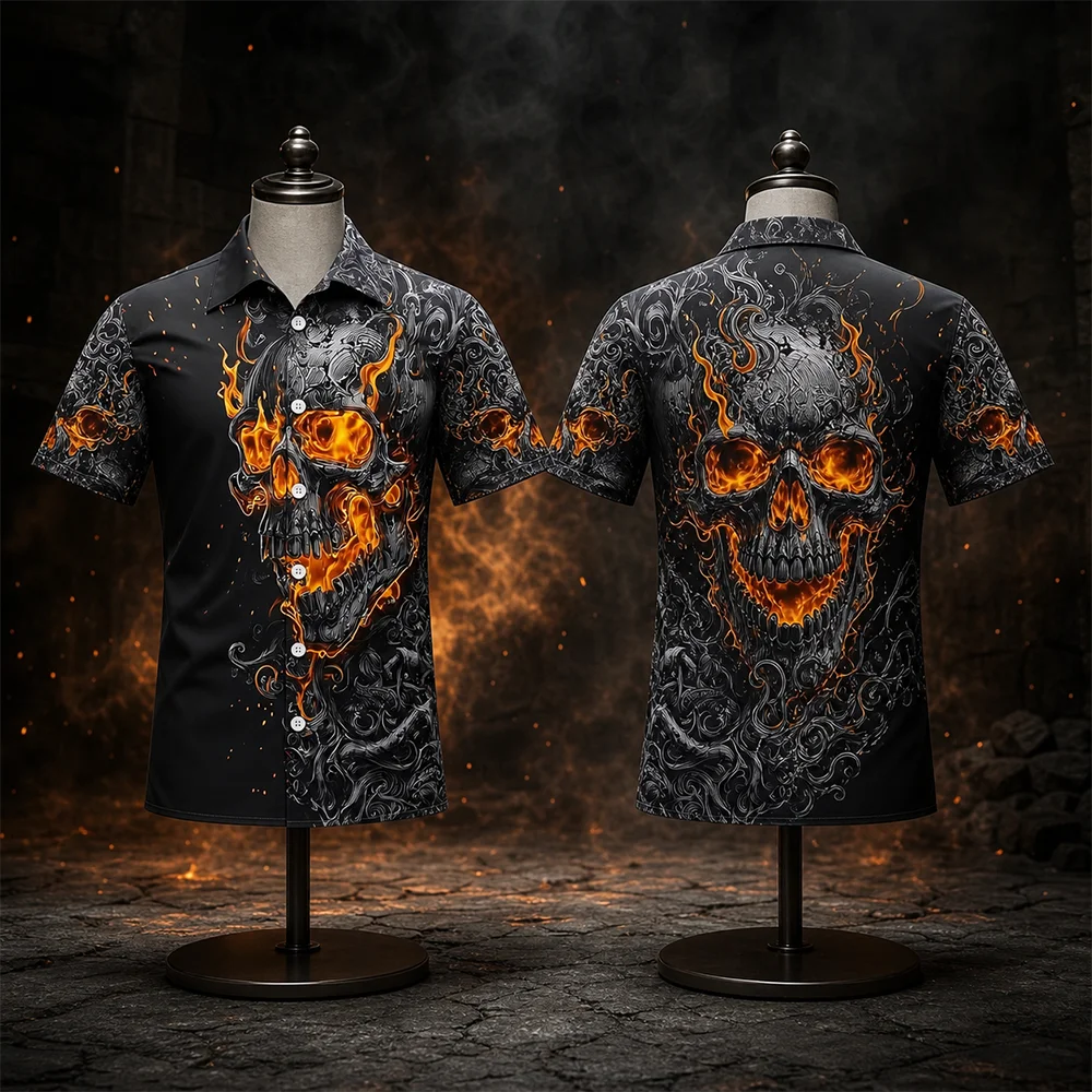 Men's Skull Flame Halloween Costume Shirt Button-Up Short Sleeve Gothic Style Breathable Quick-Dry Lightweight Top for Halloween