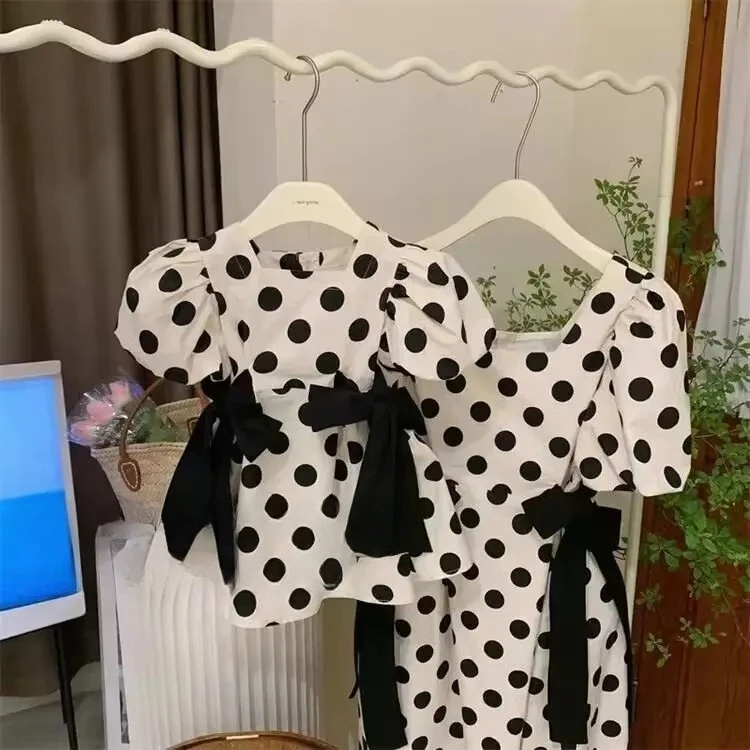 

Matching Family Dresses 2025 dot Mother Daughter Dresses Short Sleeve Girl Big Sister Mother Kids Family Matching Clothes