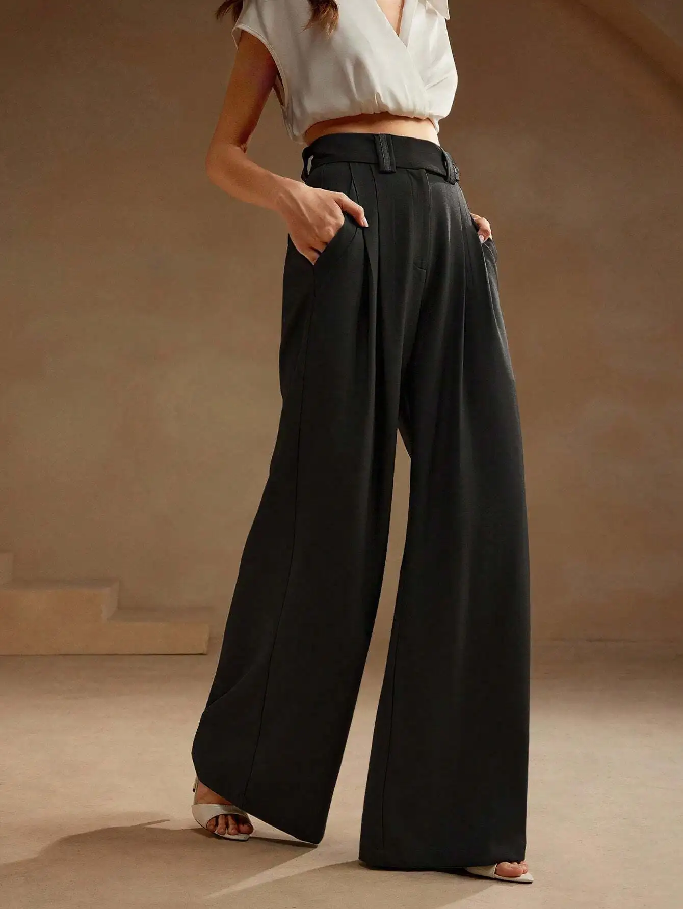 Women High Waist Wide Leg Pleated Straight Pants Casual Minimalist Black