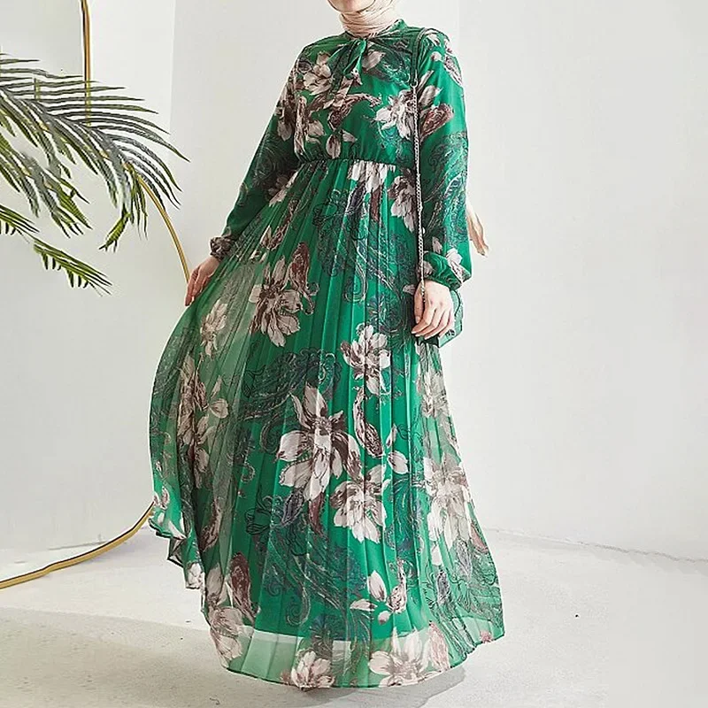 Muslim Jalabiya for Women Print Dresses Abaya Pleated Vestidos Eid Ramadan Abayas Islam Arab Dubai Long Robe Morocco Kaftan