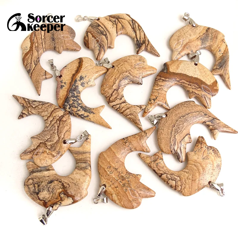 Hand-carved Dolphin Natural Picture Jasper Stone Crystal Necklace Pendant Beads for Jewelry Making DIY Jewellery Collier Femme