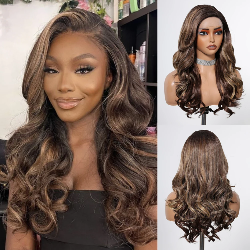 Lace Front Synthetic Wigs Light Brown Long Yaki Wavy Lace Hair Wig for Black Afro Women Heat Resistant 13x1 Lace Wig for Daily