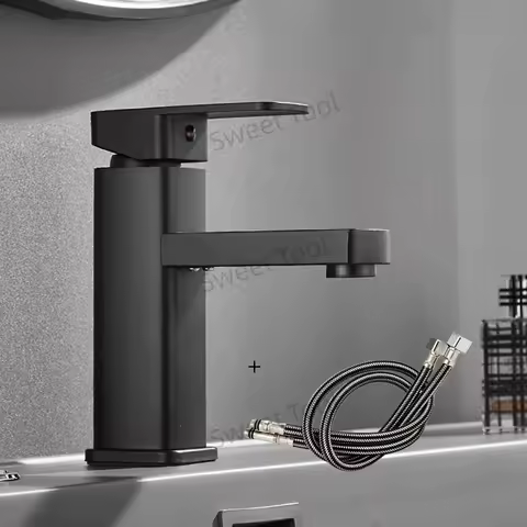 Sink Counter Faucet Bathroom Sink Water Tap Basin Mixer Hot &amp; Cold Water Tap Deck Mounted Single Handle Single Hole Black Chrome