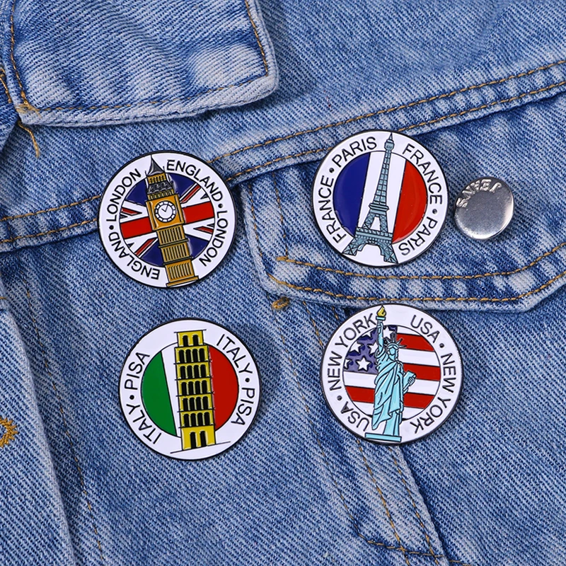 Pretty Statue of Liberty Eiffel Tower Big BenLeaning Tower of Pisa Brooches National Landmarks Round Pin For Tourist Gift