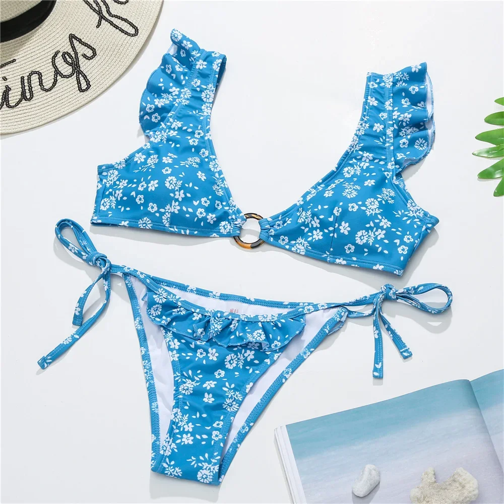 Vintage Floral Bikini Ruffles Swimsuit Bowknot Bandage Swimwear Women 2-Piece Micro String Tangas Beach Biquini Vacation Outfits