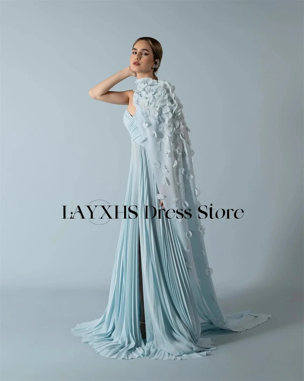 LAYXHS Fashion Spaghetti-Straps Evening Dresses Blue A-Line Cut-out Applique Birthday Party Prom Gowns Customized