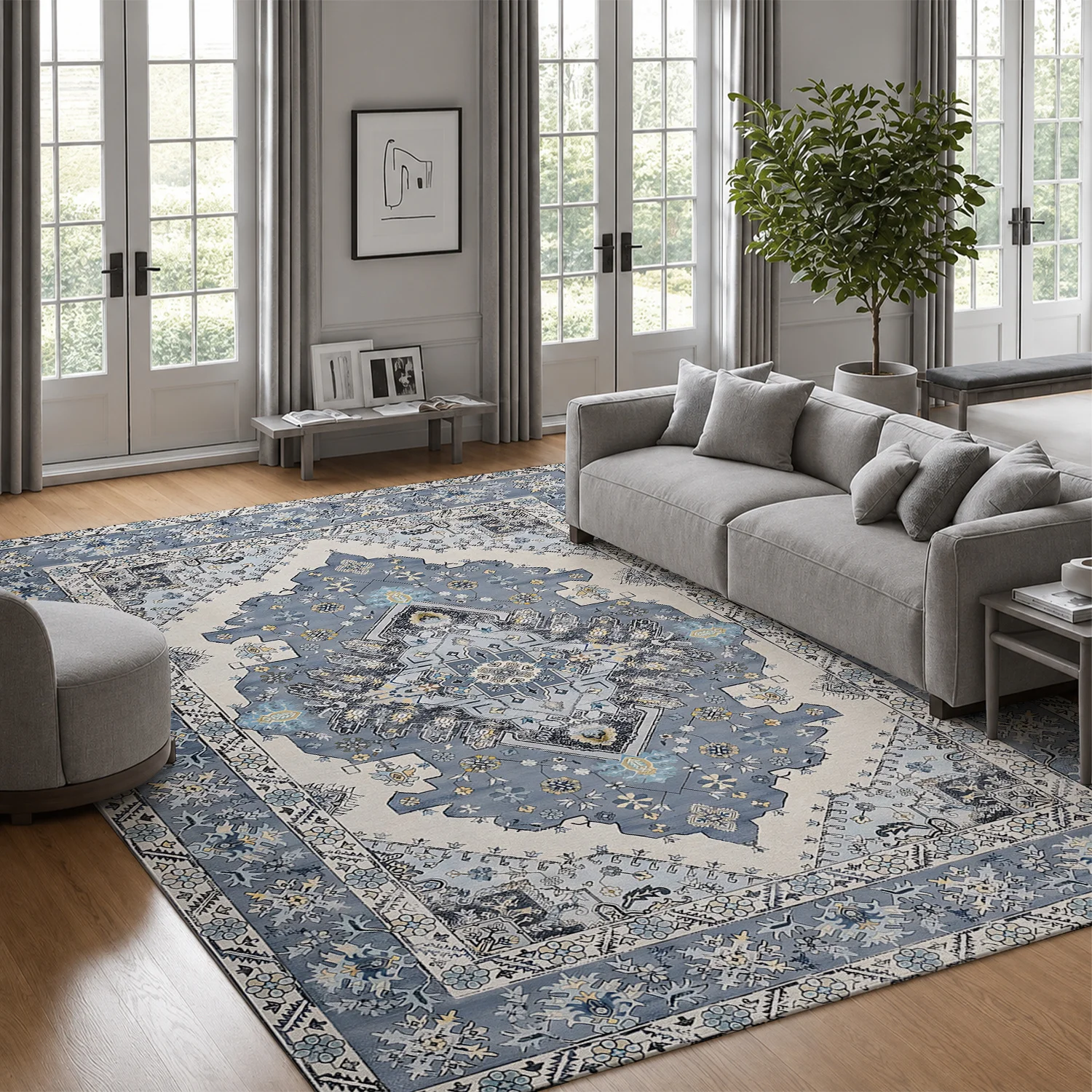 Large Indoor Area Rug, Soft Velvet Low Pile with Non-slip Dotted Backing, Machine Washable Vintage Blue Cream Medallion Persian Style Floor Rug for Living Room Bedroom