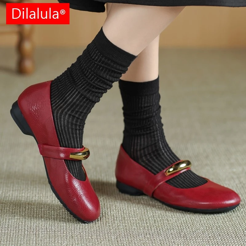 

Dilalula 2025: туфли-лодочки Мэри Джейн из натуральной кожи, женские туфли-лодочки на низком каблуке с круглым носком и металлическим декором, женская обувь для отдыха, женская обувь для прогулок