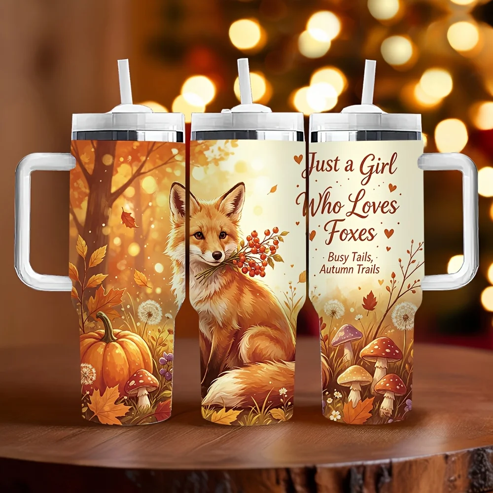 40Oz Insulated Tumbler with Handle, Long-Lasting Insulation, Lovely Autumn Fox Print, Perfect Holiday Birthday Gift for Girls Who Love Foxes, Suitable for Daily Use And Outdoor Activities