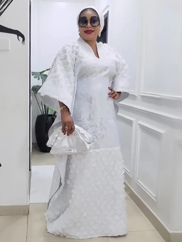 

African large size women's clothing batsleeve robe headscarf 2026 New three-dimensional embroidered splicing white dress