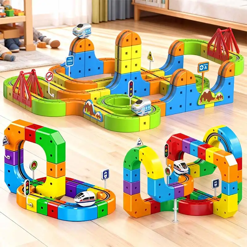 51 個/163 個マジカルトラックトレイン USB 充電式 3D ビルディングトラックカーキューブレール教育玩具子供のための誕生日ギフト