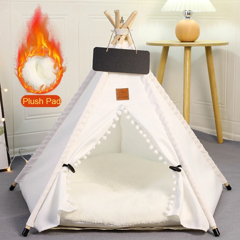 Winter Pet Teepee Tent w/ Dual-Sided Cushion, Warm Plush Side, Anti-Slip Base, Stabilizers, Fully Washable - Ideal for Dogs cats