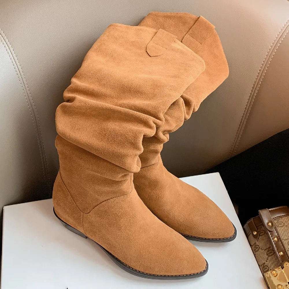 Women\'s natural suede leather pointed toe slip-on flats autumn knee high boots pleated female casual long boots shoes for women