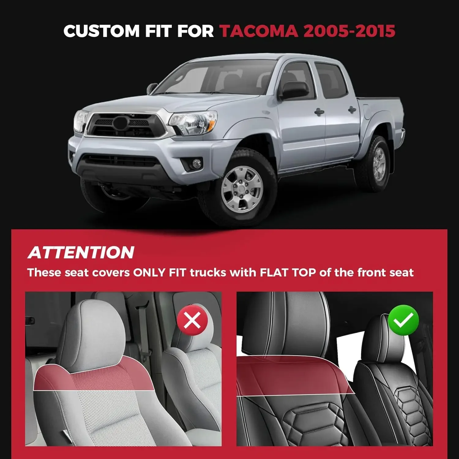 أغطية مقاعد تاكوما مناسبة مخصصة لـ 2005-2015 Toyota Tacoma Double Crew Cab، SR، SR5، TRD Sport، TRD PRO، TRD للطرق الوعرة، Fa