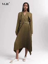 VGH Solid Two Piece Set For Women Notched Collar Sleeveless Vest Long Sleeve Coat High Waist Pleated Skirt Vintage Sets Female