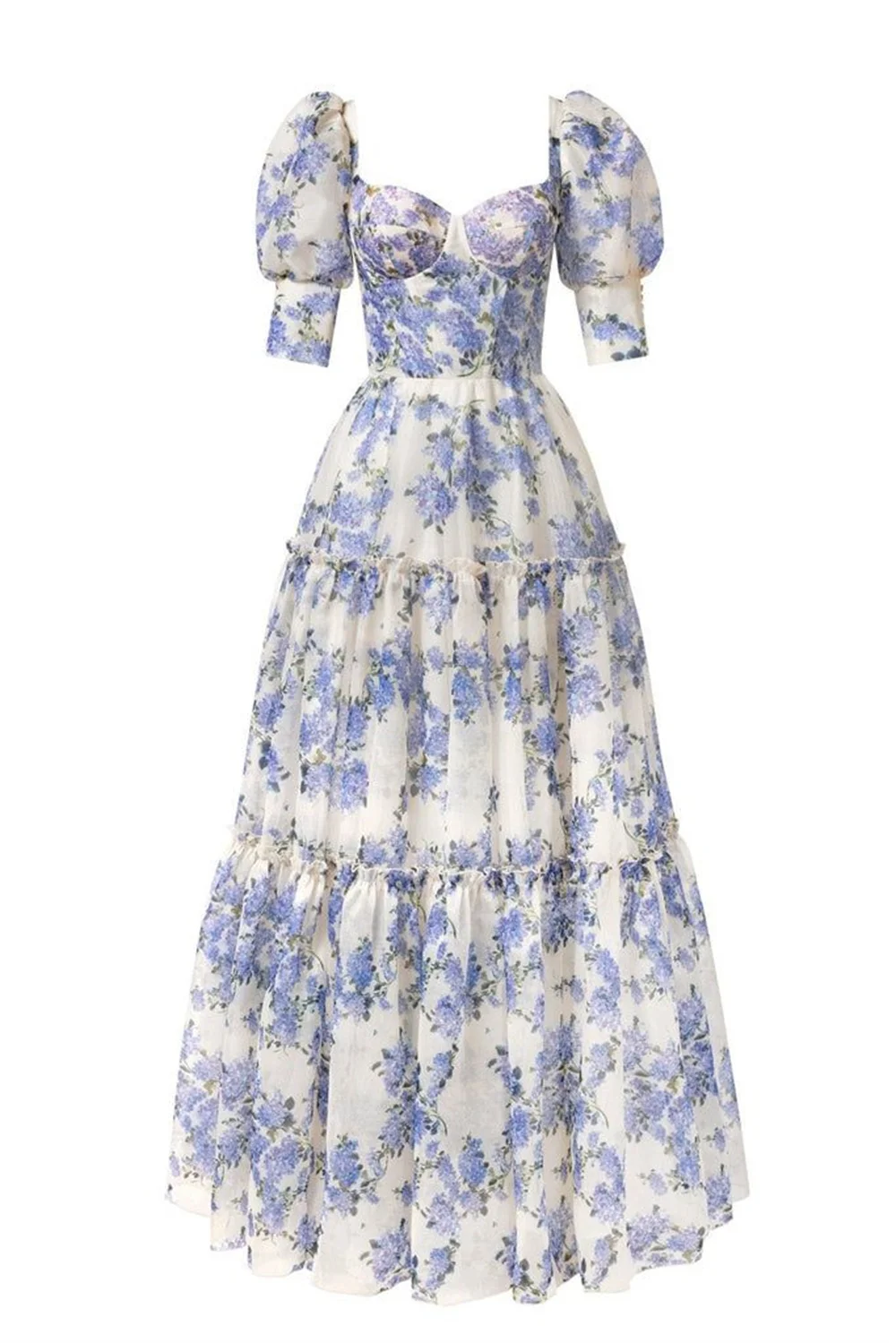 Sansa-Porcelana azul e branca A-Line Prom Dress, Sexy Puffy Sleeve, Sweet