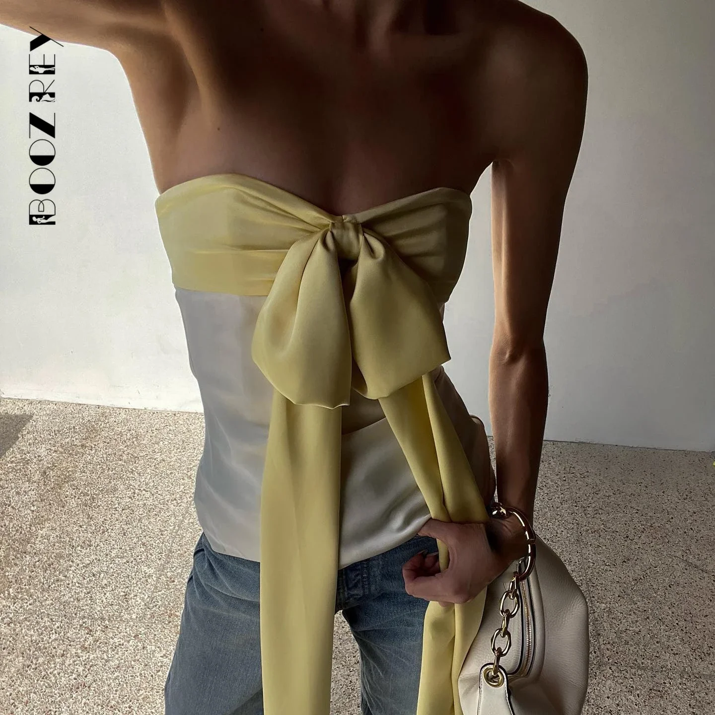 BoozRey Satin Patchwork Bow Off Shoulder Sleeveless Tank Top  Women 2023 New Fashion Sexy Slim Tops Party Nightclub Outfits