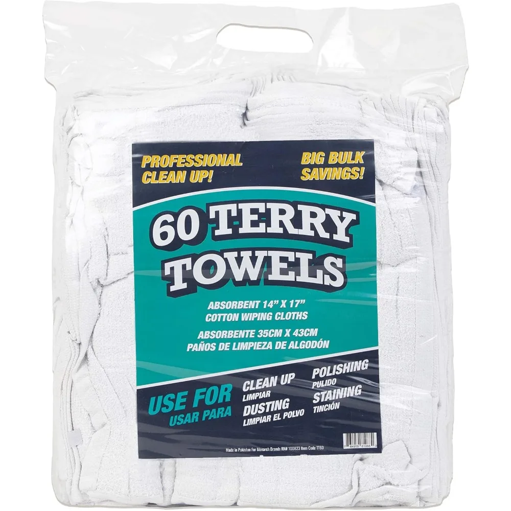 

60 Pack Heavy Duty Cotton Terry Cleaning Cloths 14x17 White Washable Quick Dry Bar Mops for Kitchen Auto Garage