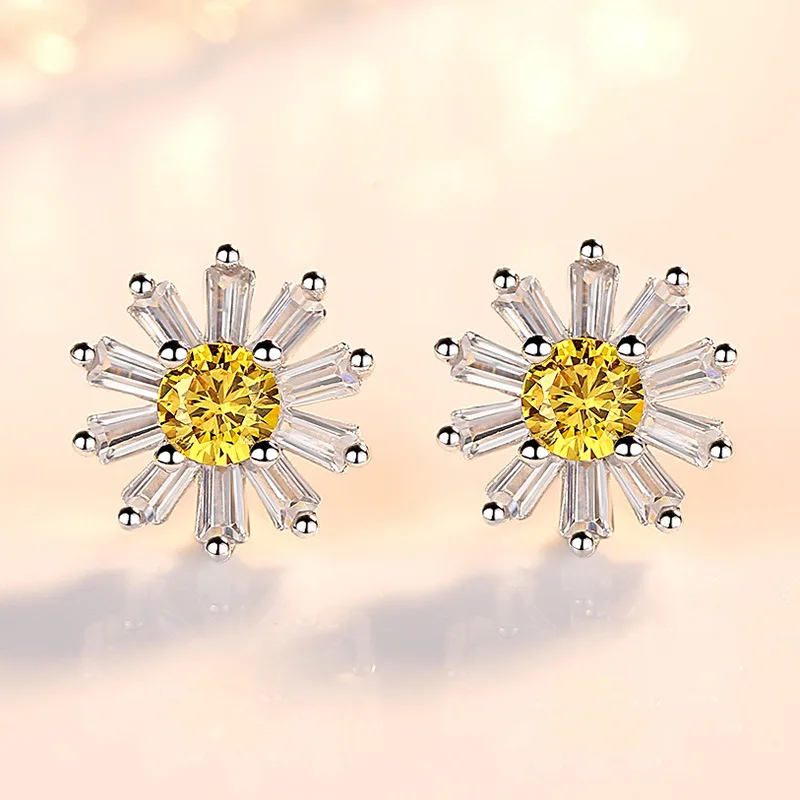 925 Pure Yang Fashion Simple Sun Flower Zircon Earrings Birthday Party Anniversary Gift
