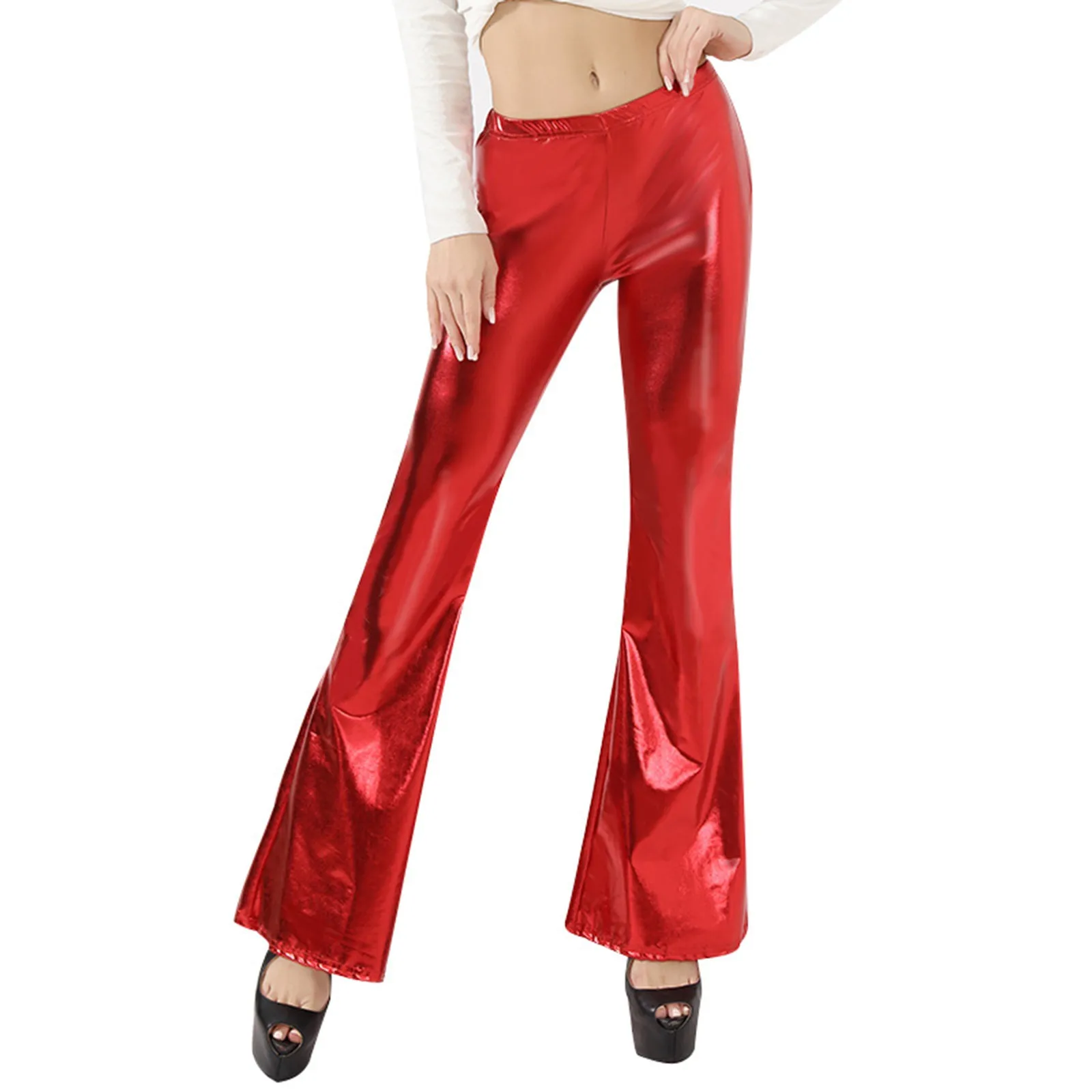 Women\'s Shiny Metallic Flare Leggings High Waisted Stretchy Bell Bottom Pants Lacquer Leather Fashionable Tight Fitting Trousers