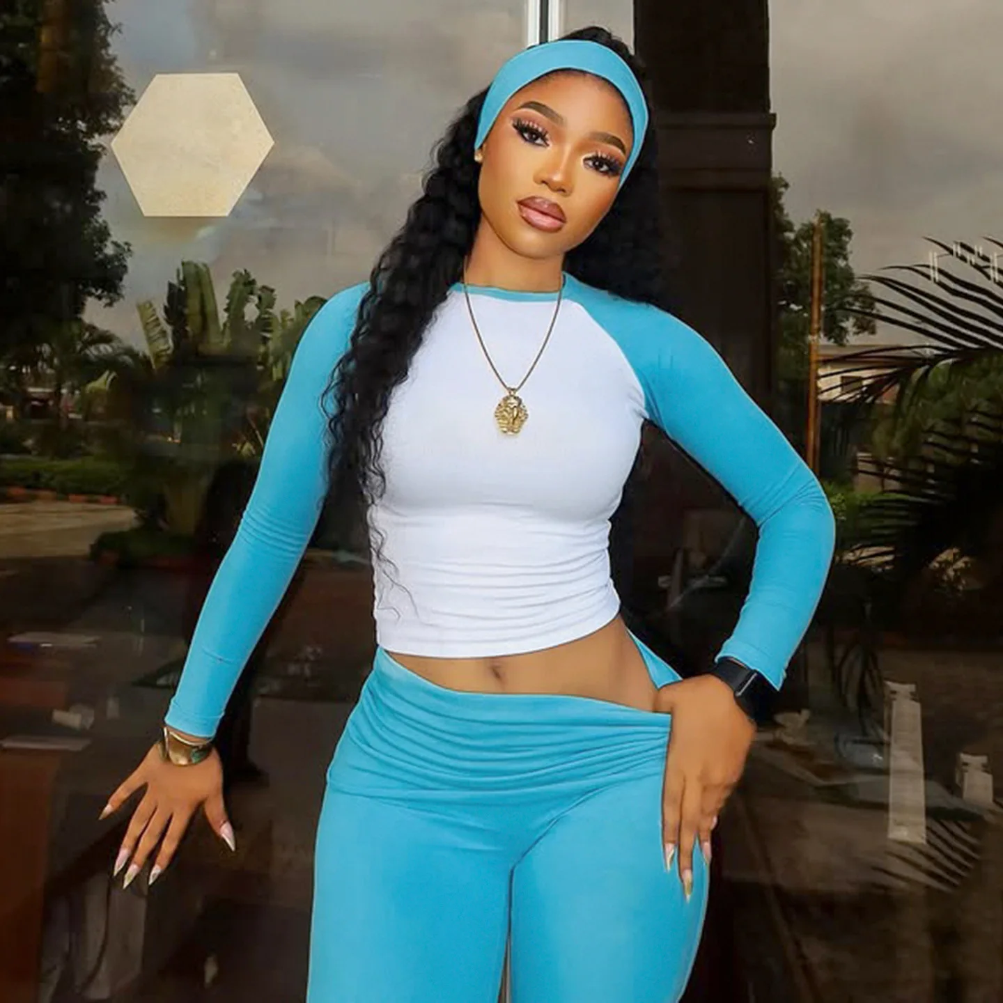 Active Women's Color Block Long Sleeve T-shirt High Waist Pants 3 Piece Gym Sportswear Trendy Fashion Chic Cozy Soft Newest Sets