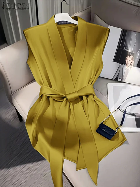 ZANZEA Women Shiny Satin Blouses Elegant Wrapped V-Neck Sleeveless Tops 2025 Summer Office Commuting Belted Party Blusas Mujer