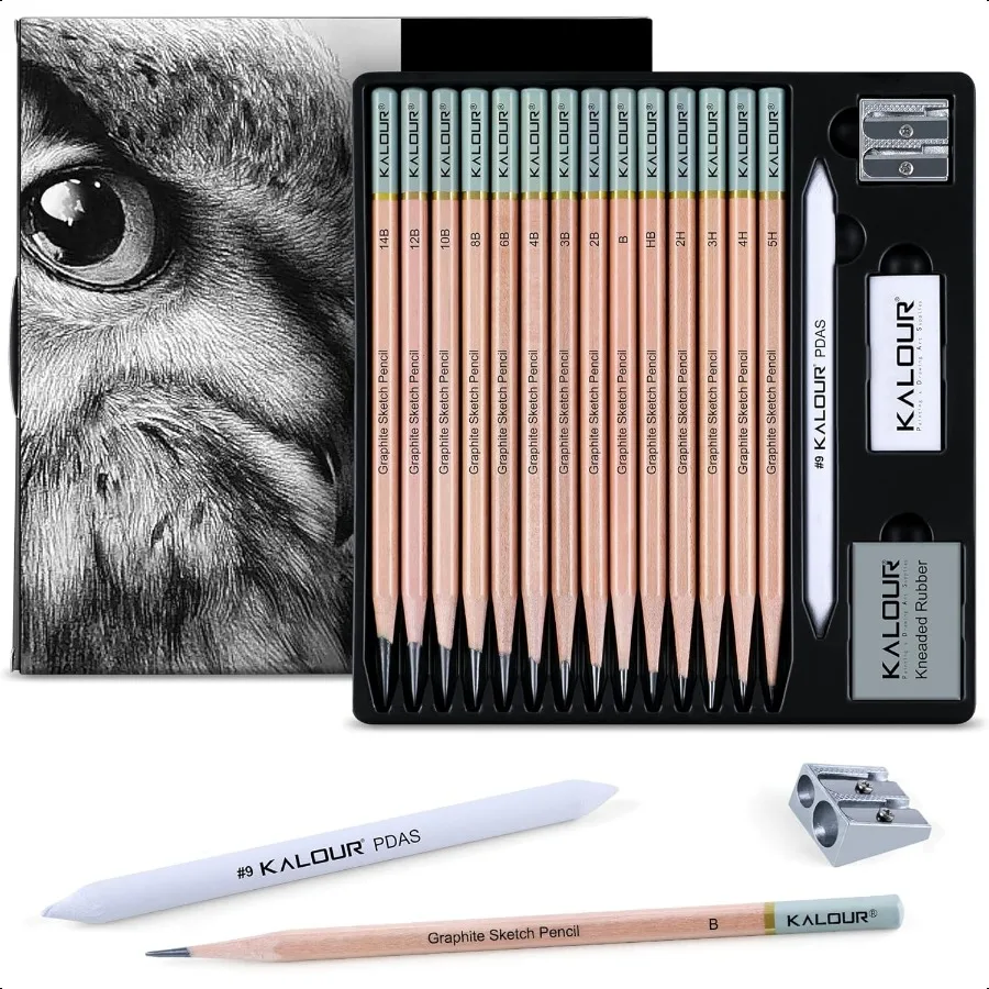 

18Piece Profional Sketch Pencil Set Includes 5H to 14B Pencils Vinyl Eraser Kneaded Eraser Sharpener and Paper Blending Stump I