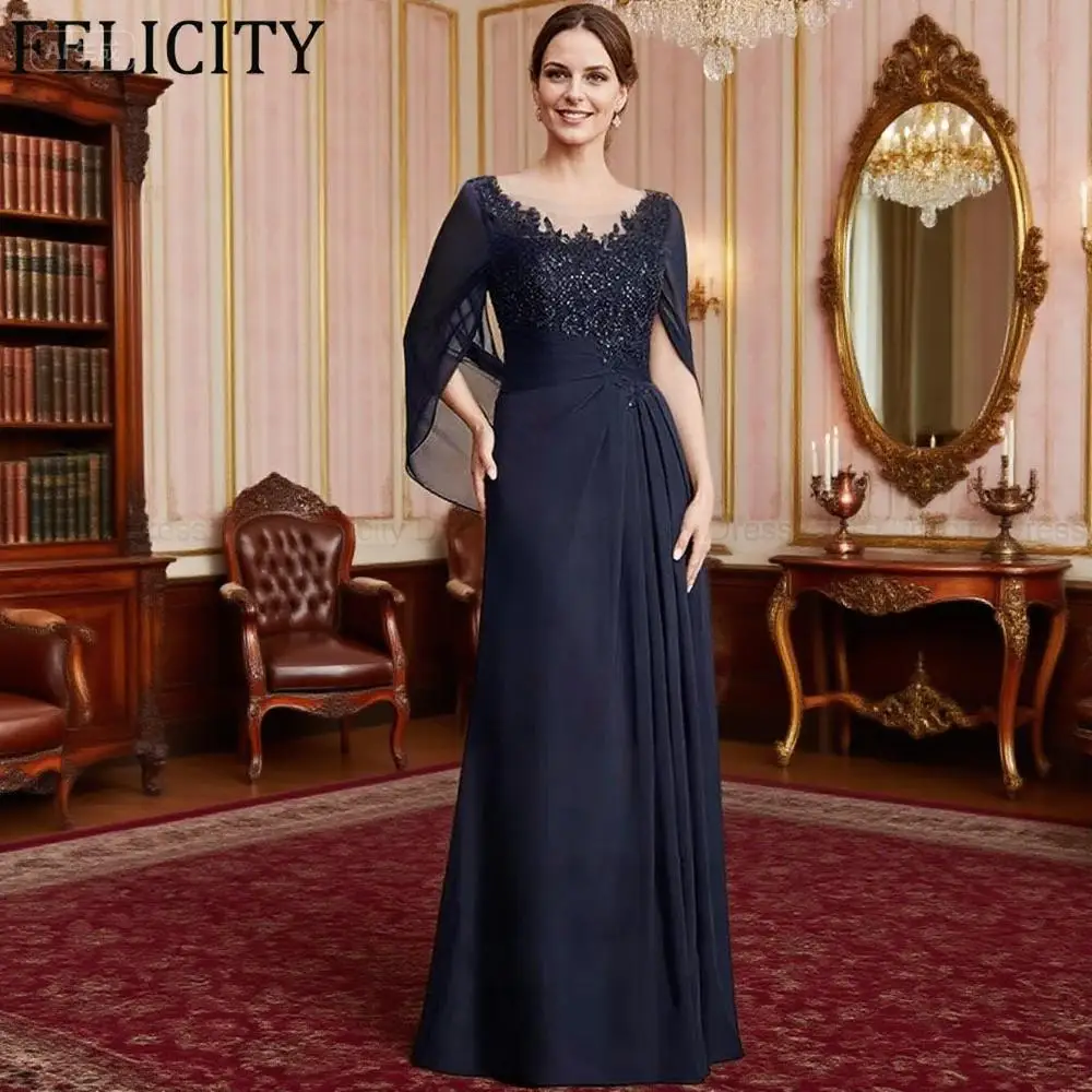 FELICITY Customized Elegant Mother of the Bride Dress 2026 Chiffon A-line Scoop Appliques Sequins Long Wedding Guest Party Dress