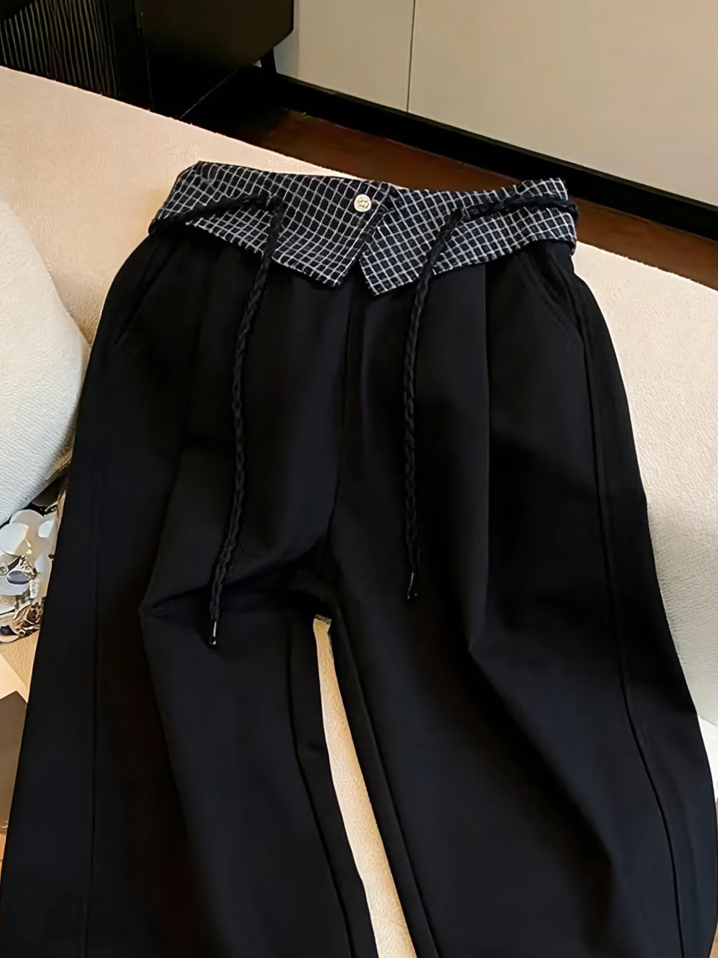 Retro Plaid Patchwork Wide Leg Pants Women's Summer New Drawstring Waist Design Loose Lazy Style Casual Long Pants