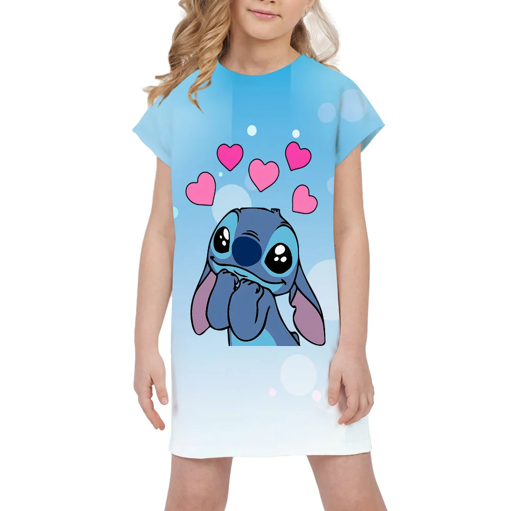 Girls Disney Stitch Dress Summer Children\'s Casual Breathable Princess Dresses Girls Festival Gifts Clothing Basic Heart Skirt