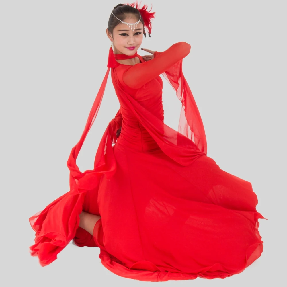 Strój na zawody taneczne, standardowy, z siateczki i wstążek, sukienka do tańca towarzyskiego z długim rękawem, sukienka do walca z dekoltem w serek, kostium do flamenco.