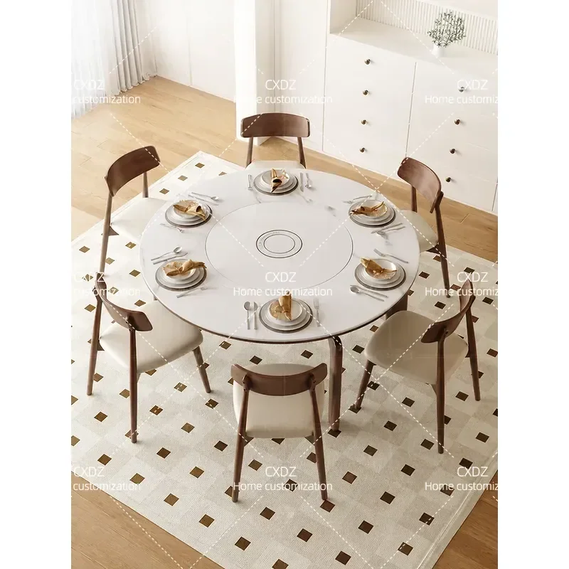 French Retro Retractable Solid Wood Dining Table with Built-in Induction Cooker and Heating Function for Household Use