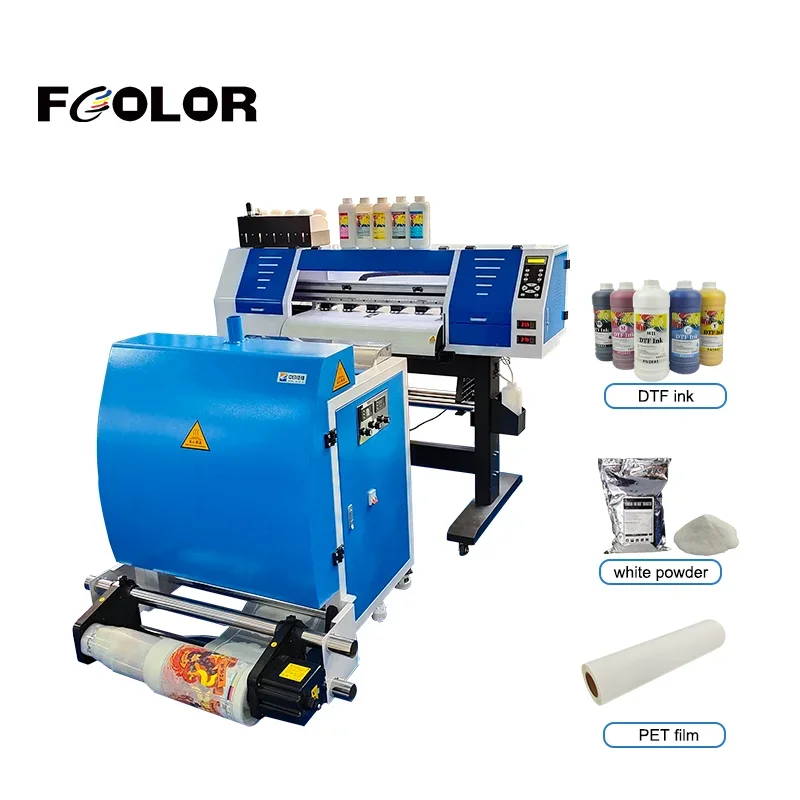 Fcolor-impresora de transferencia de calor Digital de alta velocidad i3200, doble cabezal, 60cm, DTF, con máquina agitadora de polvo para impresión de camisetas