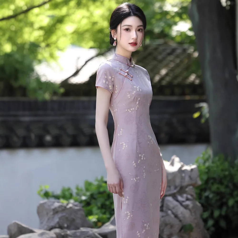 Yourqipao Summer Pink Modified Cheongsam Fashion Retro Medium Length Qipao Chinese Traditional Evening Dress for Girls Party