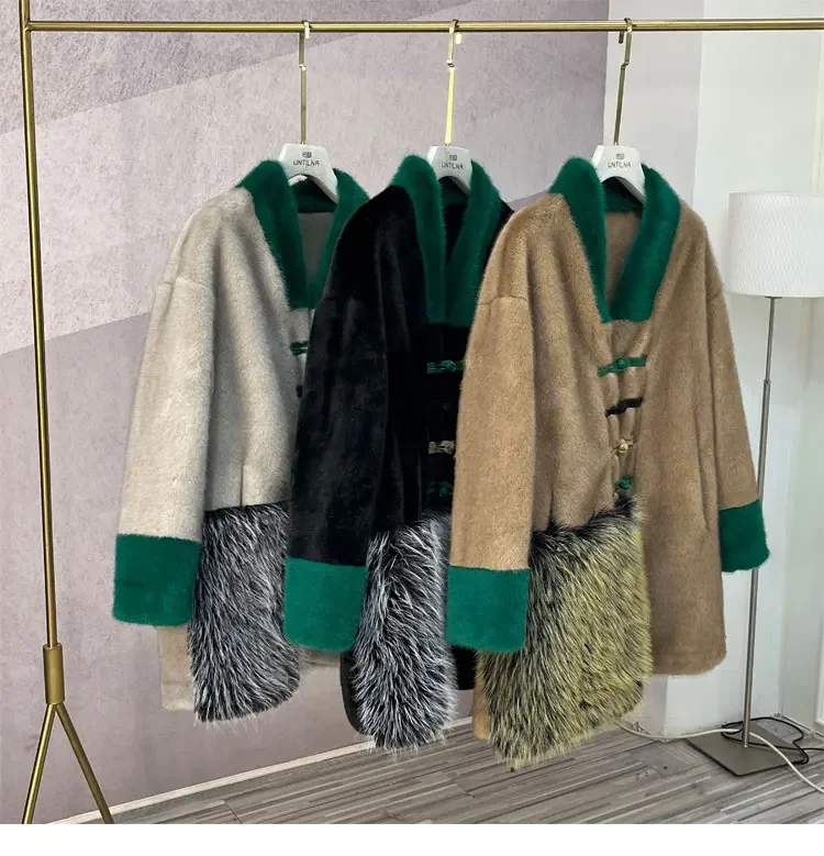 Mink Fur Jacketผู้หญิง2024ฤดูหนาวVคอกบแขนยาวSpliceกลางความยาวเสื้อWarm Fluffy Neoสไตล์จีนRetro