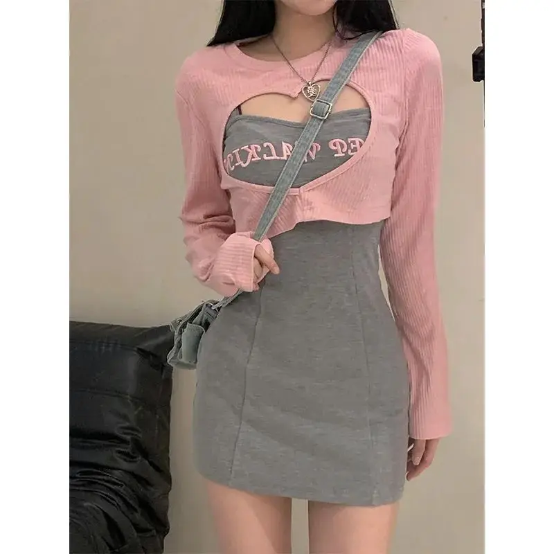 2023 Spring and Summer Fashion Korean Chic Sweet and Spicy Embroidery Wrap Hip Strap Dress Pink Hollow Out Cover Two Piece Sets