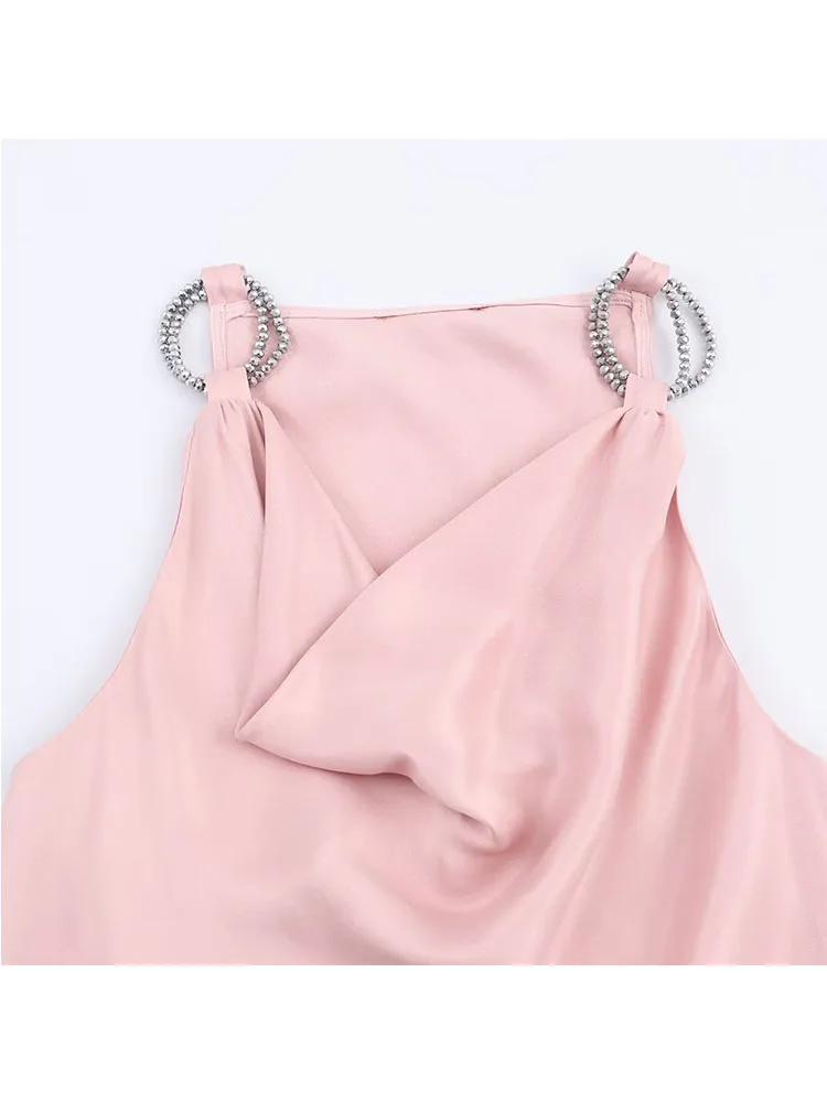 Vrouwen Satijn Halter Top 2025, Vrouwen Nieuwe Mode Mouwloze Rimpel V-hals Metalen Ketting Halter Top Vrouwen Sexy Elegant Vest