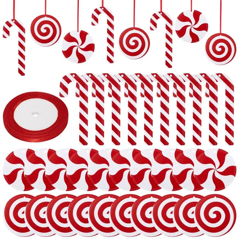 30Pcs Christmas Candy Cane Ornaments Yard Christmas Candy Decor Hanging Xmas Tree Candy Cane Plastic Lollipop Christmas Decor