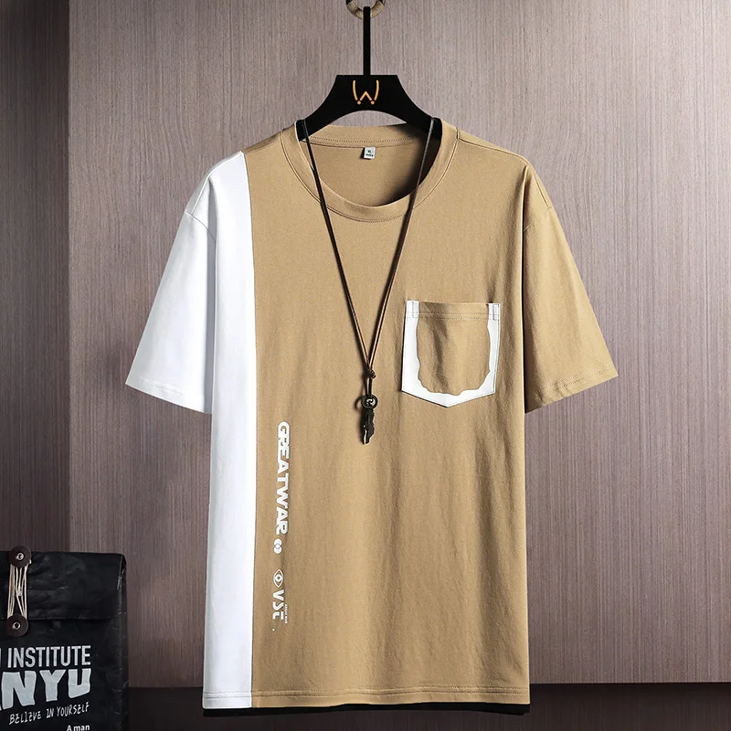Korean Letter Printed O-Neck Pullovers Fashion Patchwork Men\'s Clothing All-match Short Sleeve Summer Youthful Vitality T-shirts