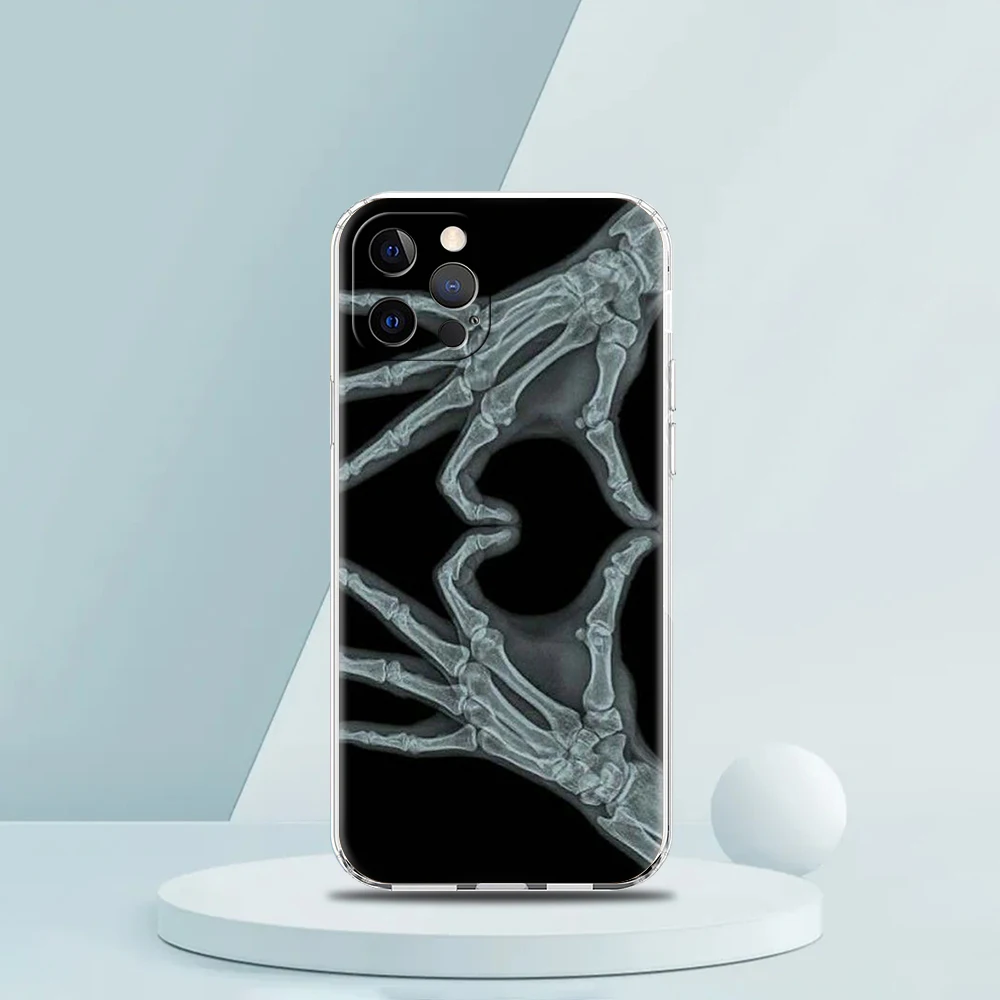 غطاء هاتف شفاف لهاتف iPhone 16,15,14,13,12,11,Pro,Max,8,7,Plus,16E,XS,Max Soft TPU Shell Autumu X Ray حقيبة عظام اليد