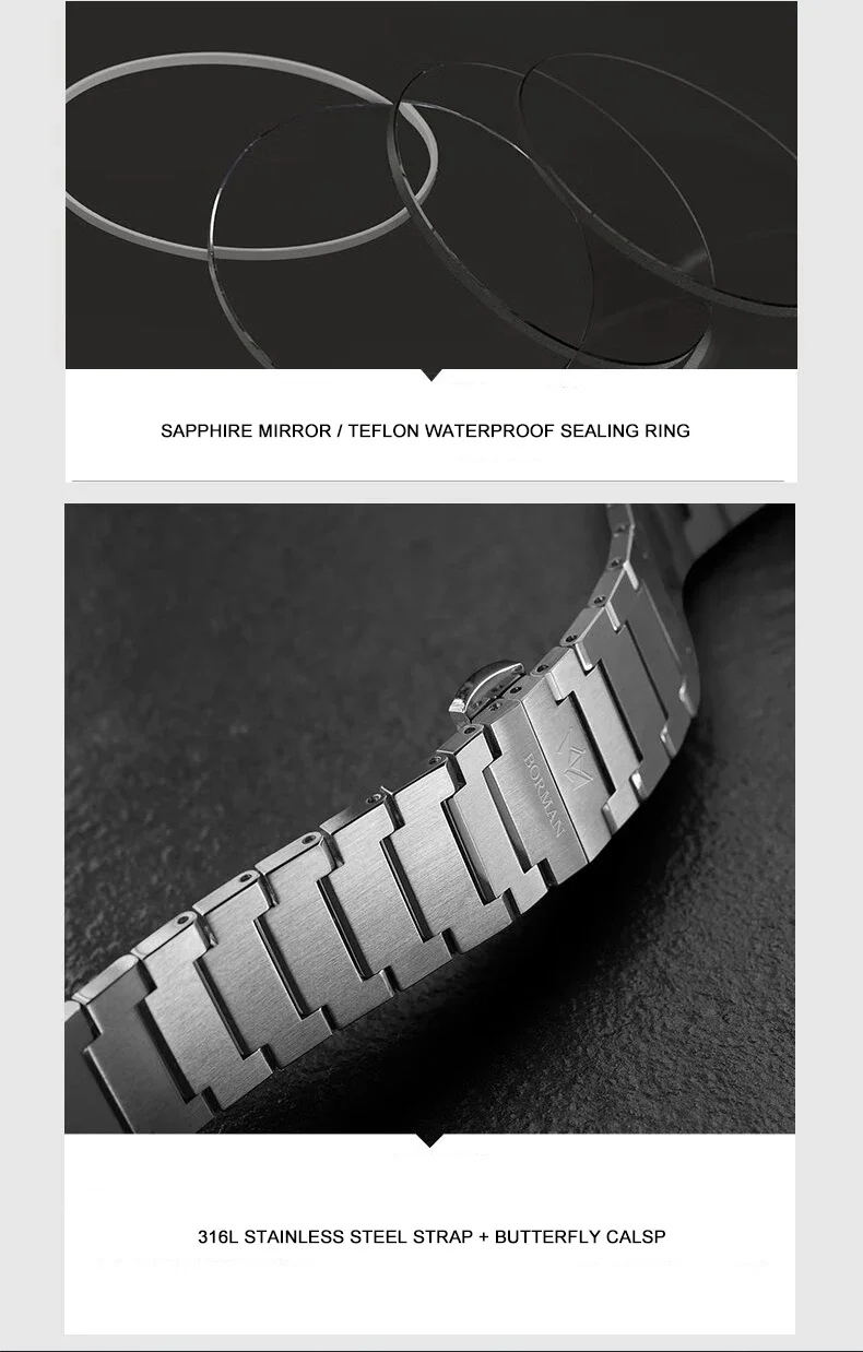 BORMAN Мужские автоматические часы 40 мм Механические наручные часы Ультратонкие 10 мм 5 бар Водонепроницаемые сапфировое зеркало Светящиеся Miyota 9015