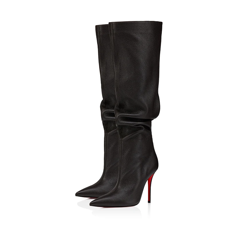 Women's shoes 2026 Grainy PU Knee High Boots Pointed Toe Stiletto Heel Slouchy Mid-Calf Tall Boots Red Soles Evening Fall Winter - view 4