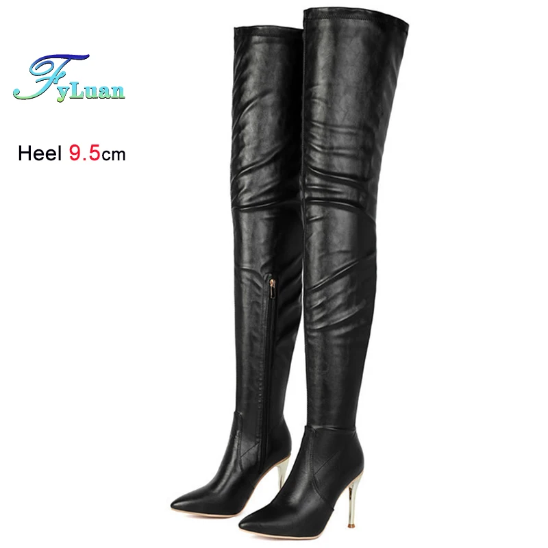 

Fall Winter Black Women's Knight Boots Thin High Heels 9.5cm Pointed Toe Side Zipper Ladies Over-the Knee High Boots Long Boots
