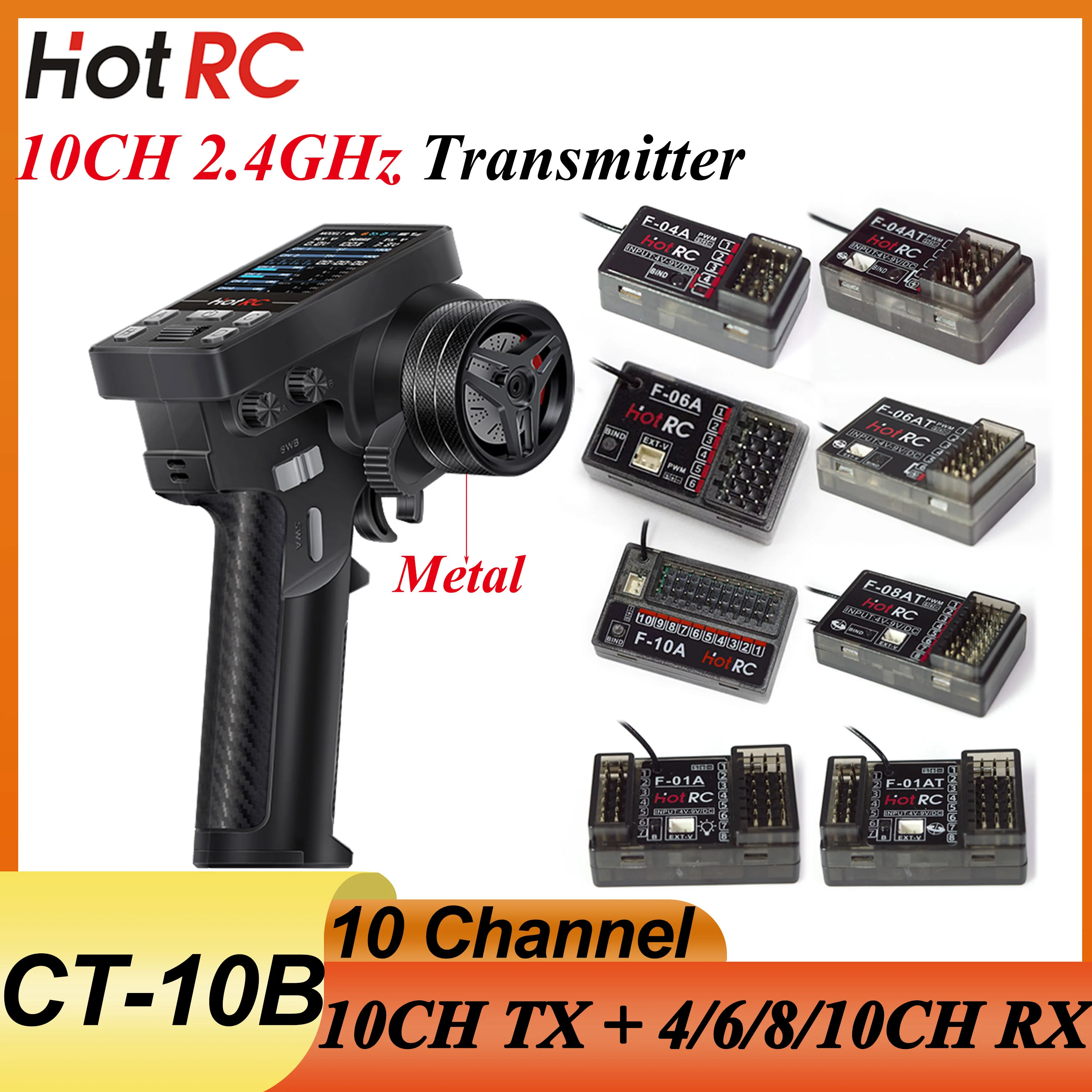 HotRC CT-10B 10CH Metal Handwheel Color Screen Transmitter F-04A F-06A F-10A  F-08AT Gyro Receiver for RC Car Aircraft Boat Dron