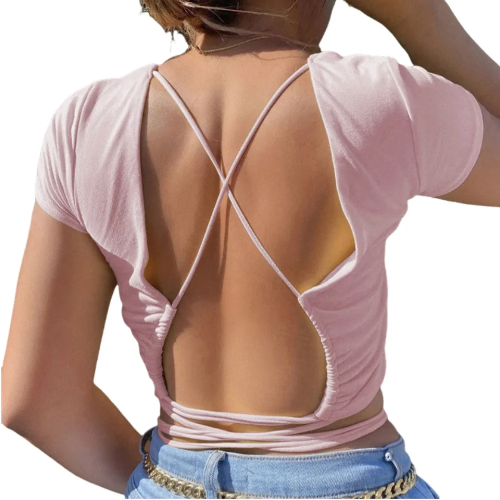 Womens Crop Casual Backless Tops Tshirt Cotton Pink Loose Bandage Sexy Short Sleeve Round Neck Tee  Shirts