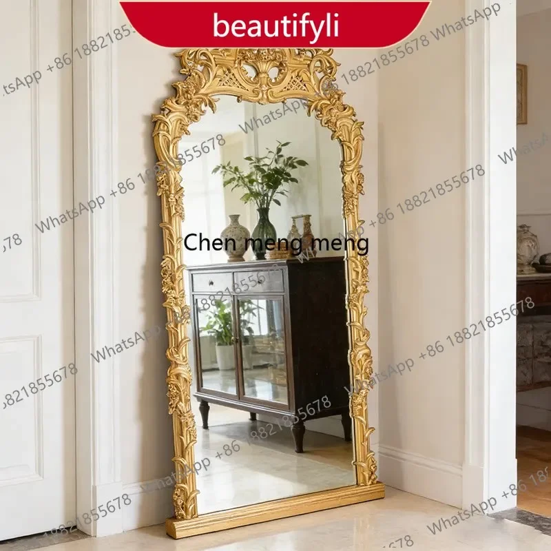PP French retro luxury full-length mirror American wall-mounted bedroom floor-to-ceiling mirror engraving fitting mirror
