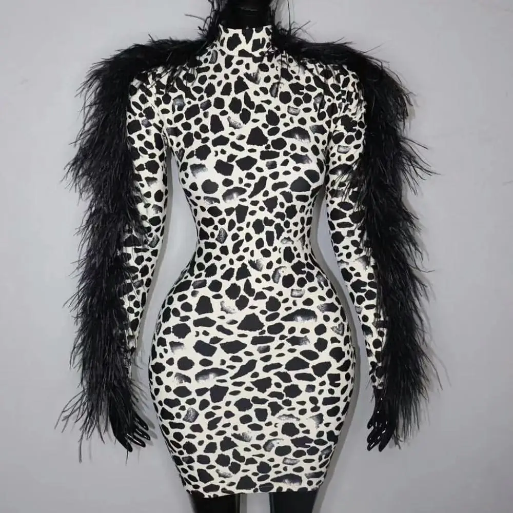 

Fashion Leopard Print Feather Long Sleeve Women Short Dress Sexy Skinny Nightclub Bar Prom Party Dress One Piece Stage Costume