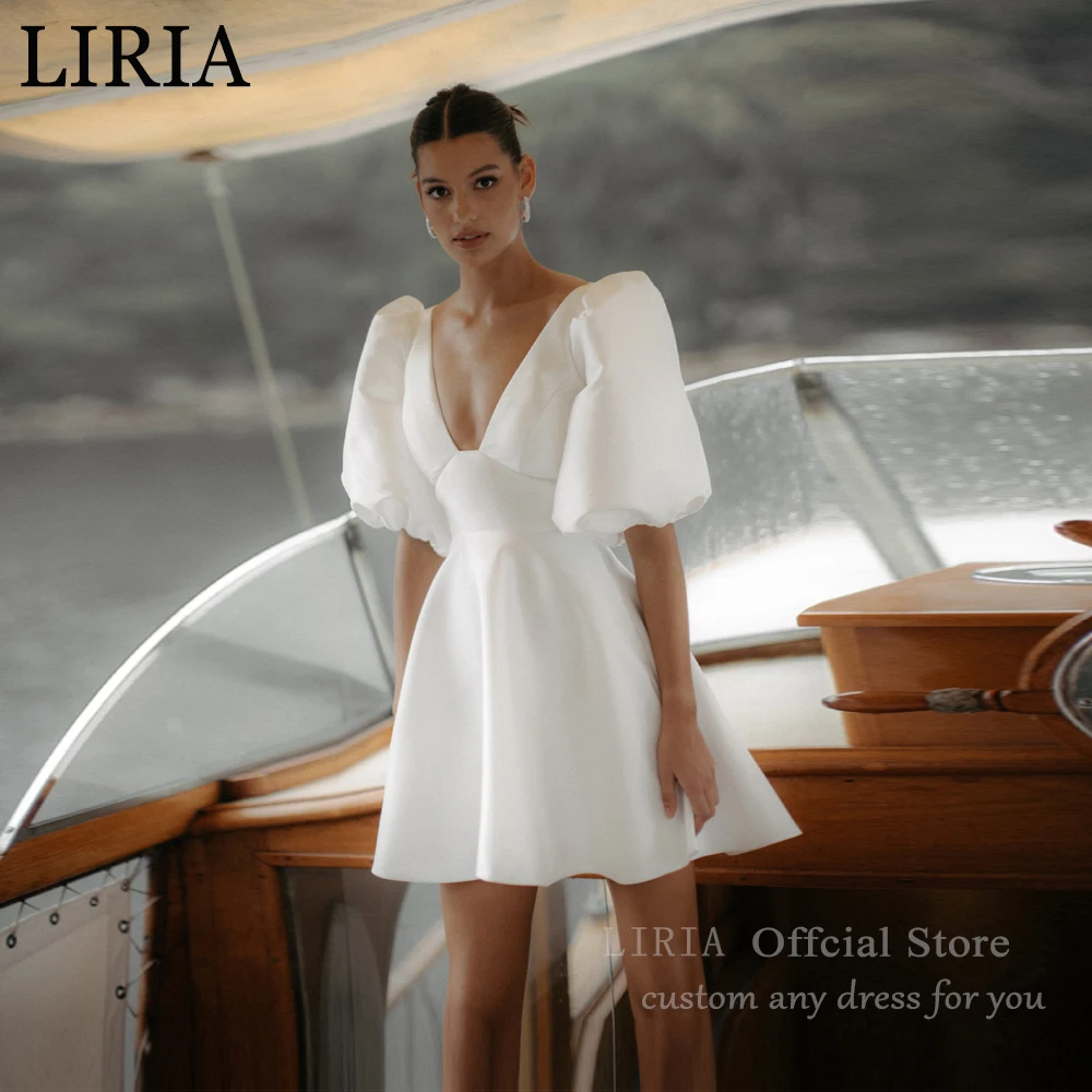 LIRIA Vestidos de Novia Cortos Elegantes con Manga Media Abullonada, Espalda Descubierta, Satén, Corte A, Plisado, Mini Vestidos de Novia Personalizados
