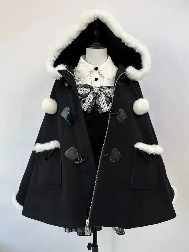 

Черная накидка в японском готическом стиле, темная куртка с капюшоном в студенческом стиле, субкультура Y2K, повседневное шерстяное пальто, осень и зима