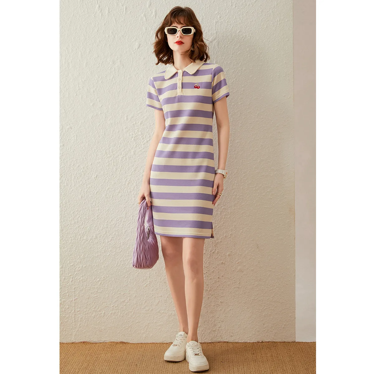 LOUIS YAO Women Dress Polo Neck Striped New Arrival for Summer 2024 Short Sleeve Slim Casual Short Dress for Women
